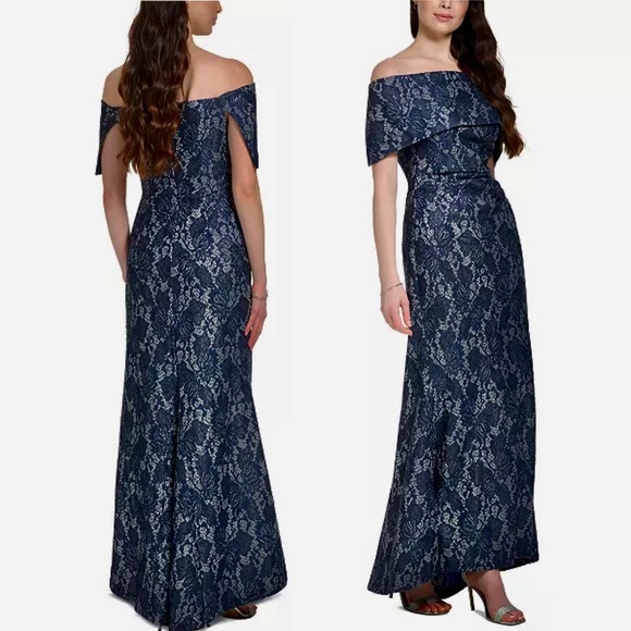 VINCE CAMUTO
Women's Off-The-Shoulder
Sequin Lace Column Gown size 8 blue silver - Picture 2 of 12
